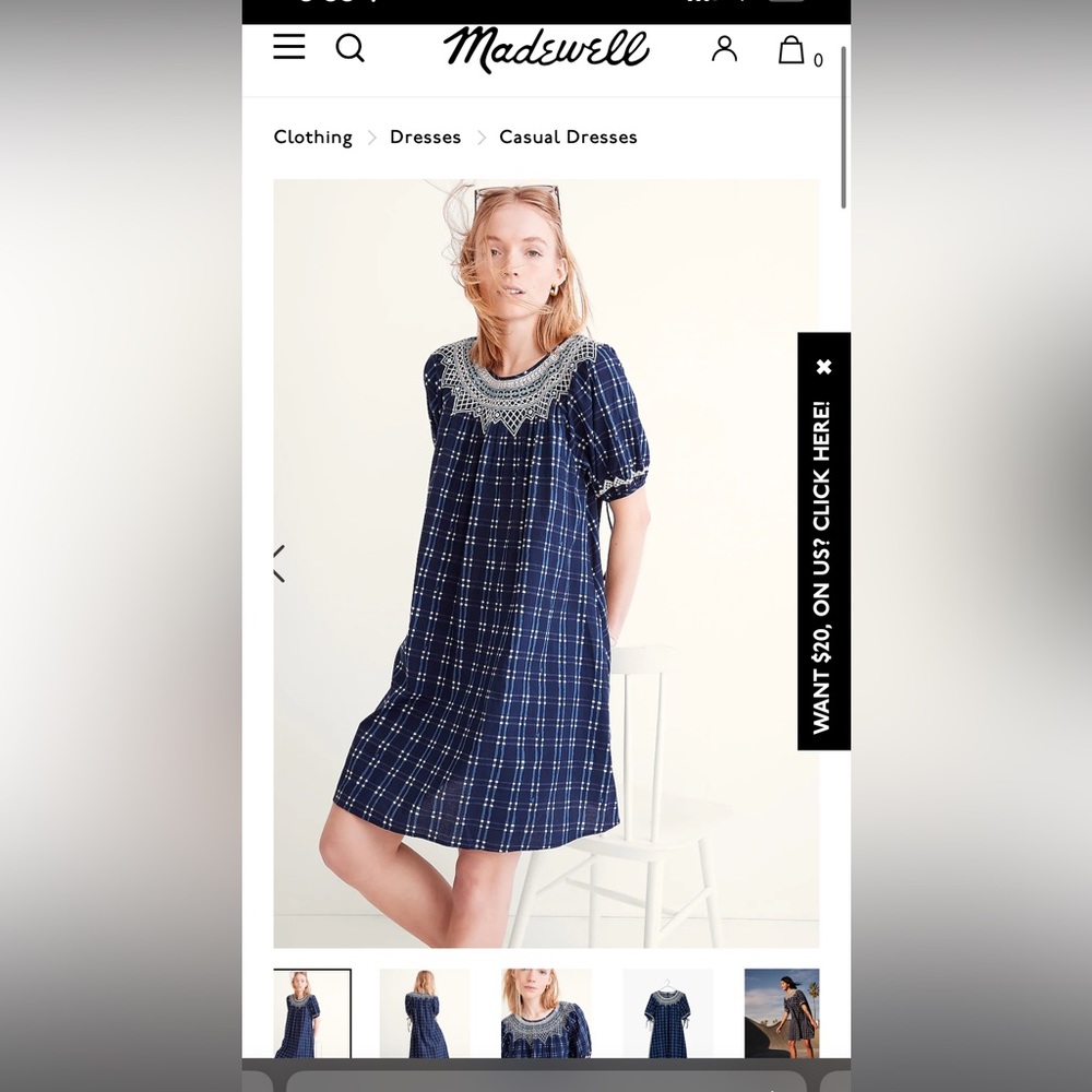 Embroidered Puff-Sleeve Babydoll Dress in Indigo Plaid